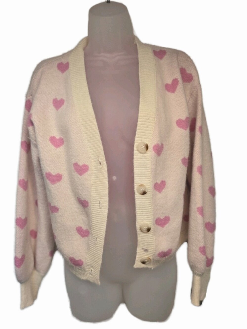 Cream and Pink Heart Cardigan Sweater - Women